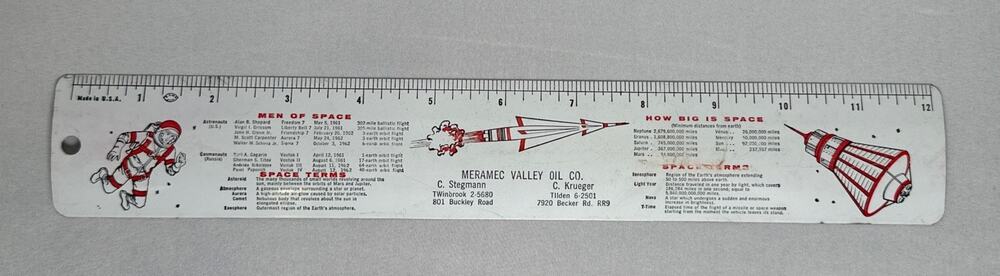 1962 Tin Lithograph Meramec Oil ADV RULER W/Mercury Astronauts & Cosmonauts